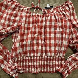 Beyond the‎ Radar Red Gingham Puff Sleeve Top - Smocked Waist - Size L